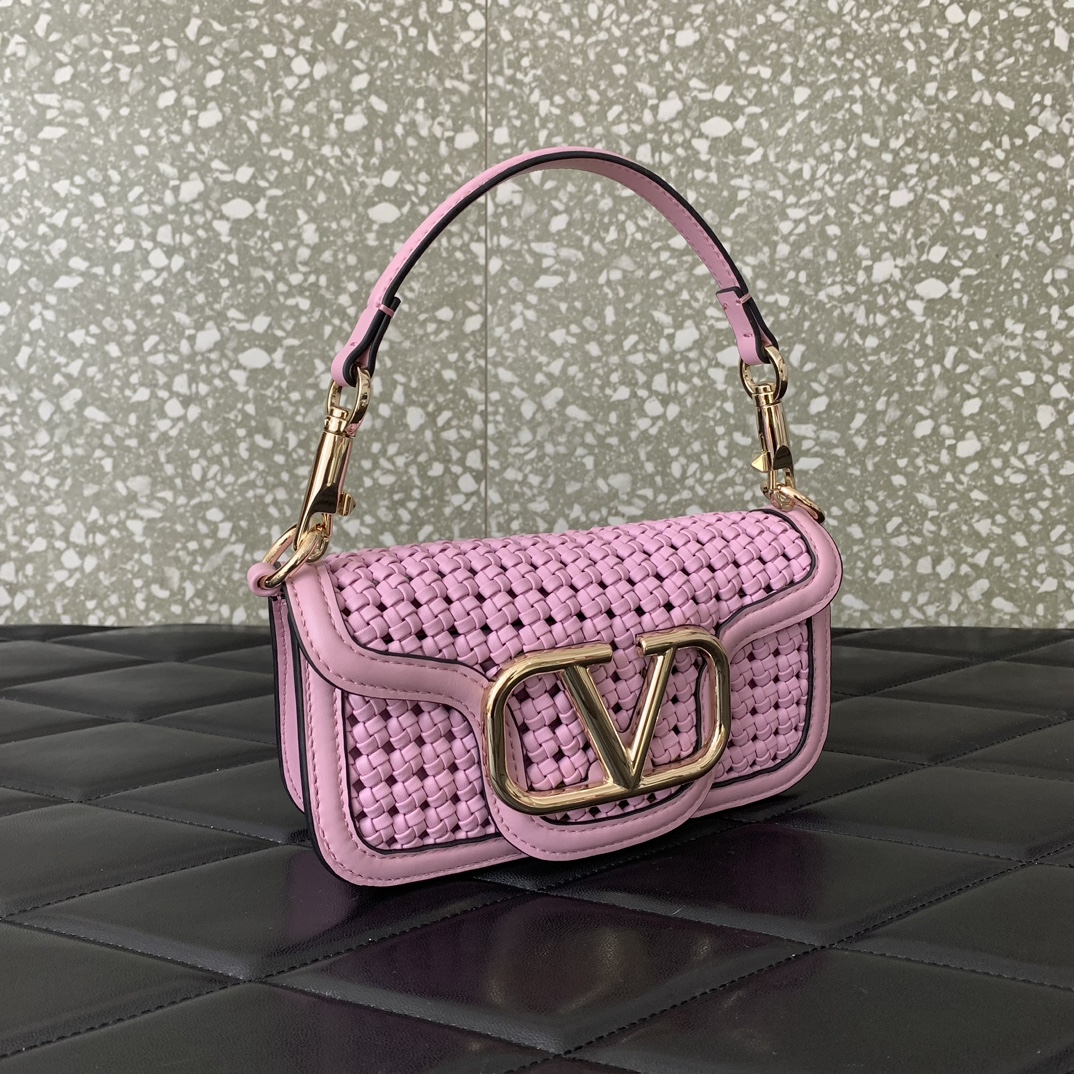 Valentino Garavani Loco Small Shoulder Bag in Pink Metallic Woven Leather 